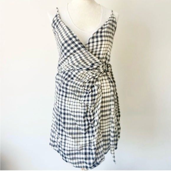 FREE PEOPLE Nodia Check Wrap Mini Dress Black Gingham Plaid Size 2 - Picture 2 of 8